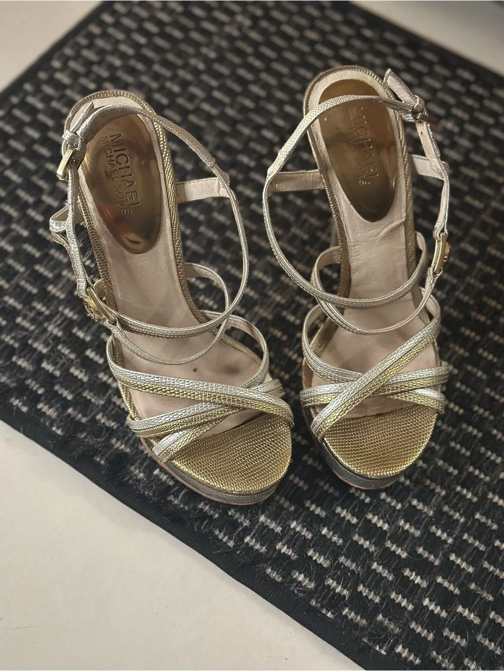 Michael Kors “Cicely” Silver & Gold Leather Strappy Platform Stiletto Heels